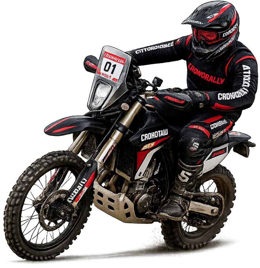 Motoqueiro de rally enduro em ângulo dramático