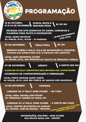 Programação dos Preparativos do 4º Rally da APAE 2019